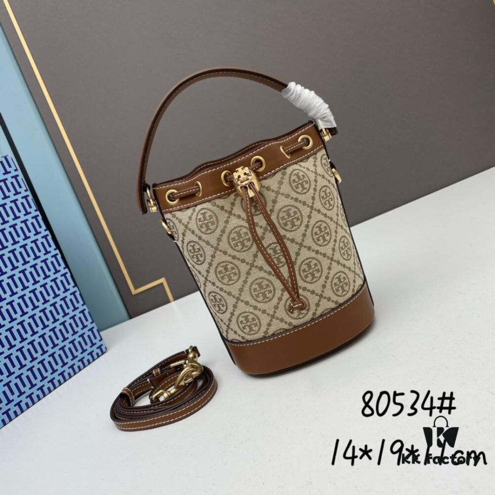 Hazelnut Color TORY BURCH Monogram 2021 Summer Drawstring Bucket Bag in Textured Navy Canvas with Vintage Jacquard Trim