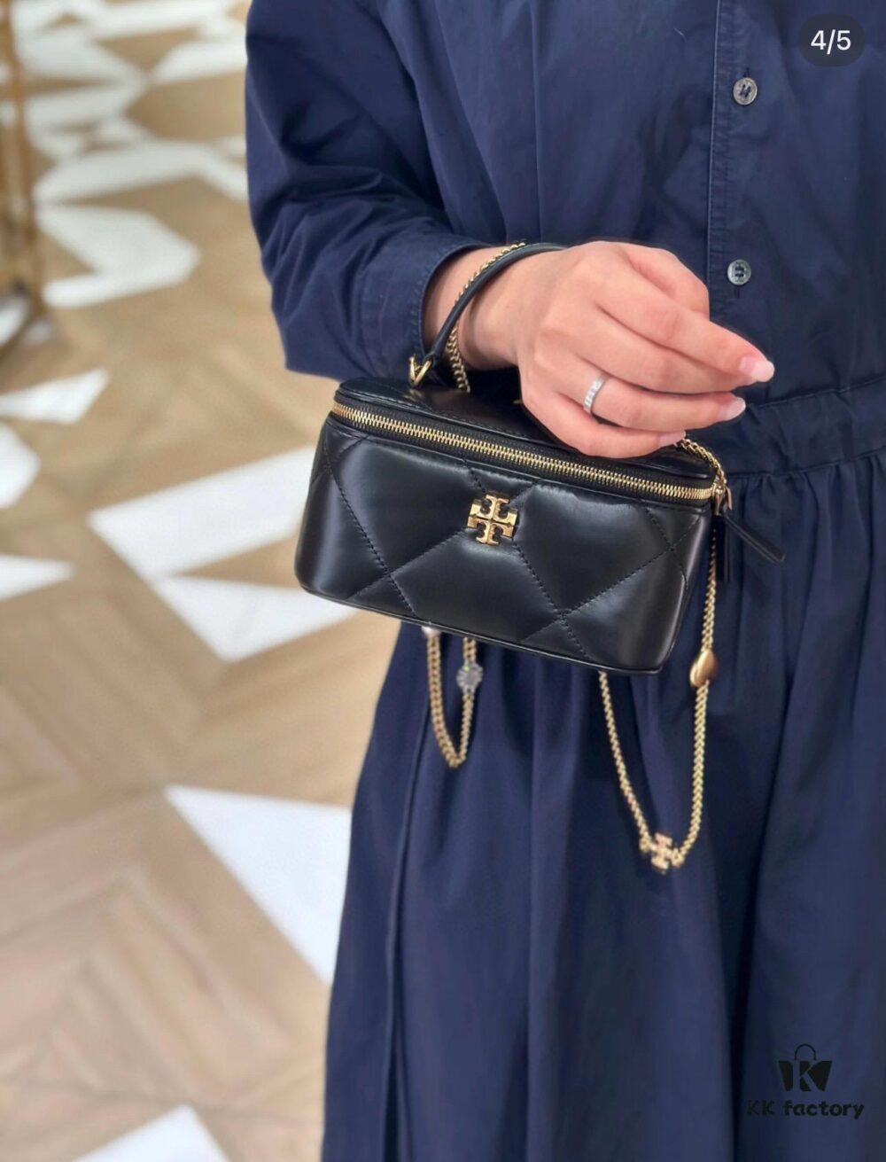 Tory Burch New Kira Cosmetic Box Bag, Soft and Durable Calfskin with Quilted Diamond Stitching, Detachable Strap for Shoulder, Crossbody or Handheld Wear