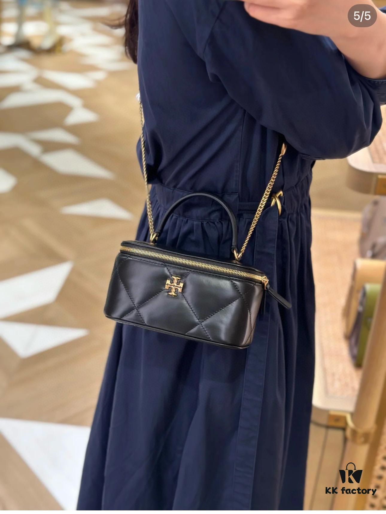 Tory Burch New Kira Cosmetic Box Bag, Soft and Durable Calfskin with Quilted Diamond Stitching, Detachable Strap for Shoulder, Crossbody or Handheld Wear