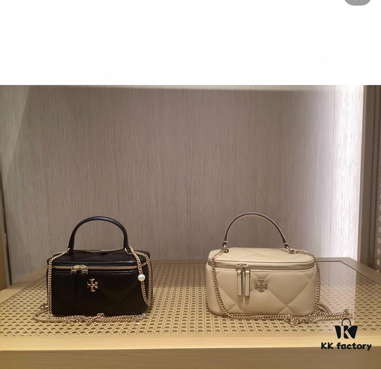 Tory Burch New Kira Cosmetic Box Bag, Soft and Durable Calfskin with Quilted Diamond Stitching, Detachable Strap for Shoulder, Crossbody or Handheld Wear