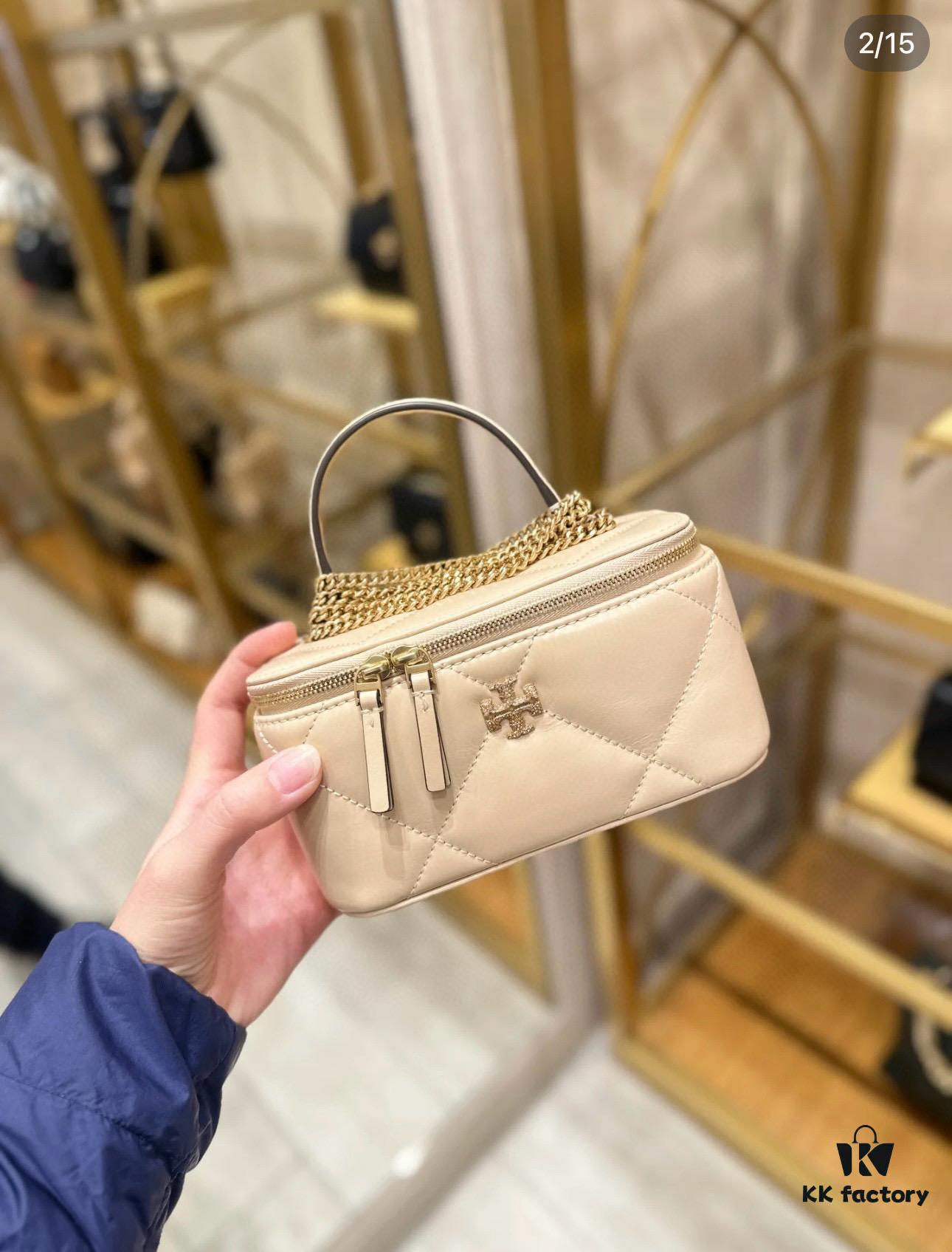 Tory Burch New Kira Cosmetic Box Bag, Soft and Durable Calfskin with Quilted Diamond Stitching, Detachable Strap for Shoulder, Crossbody or Handheld Wear