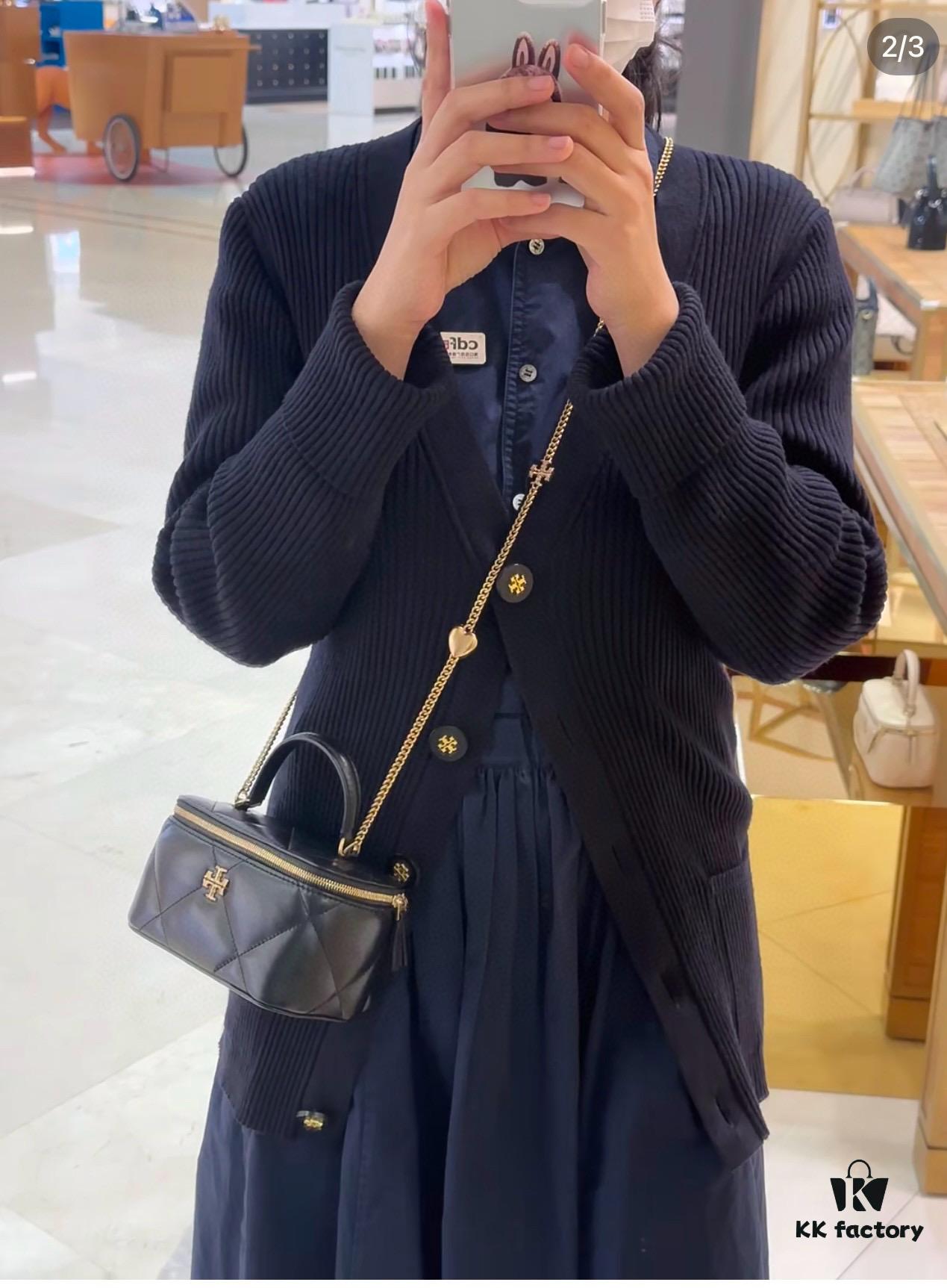 Tory Burch New Kira Cosmetic Box Bag, Soft and Durable Calfskin with Quilted Diamond Stitching, Detachable Strap for Shoulder, Crossbody or Handheld Wear