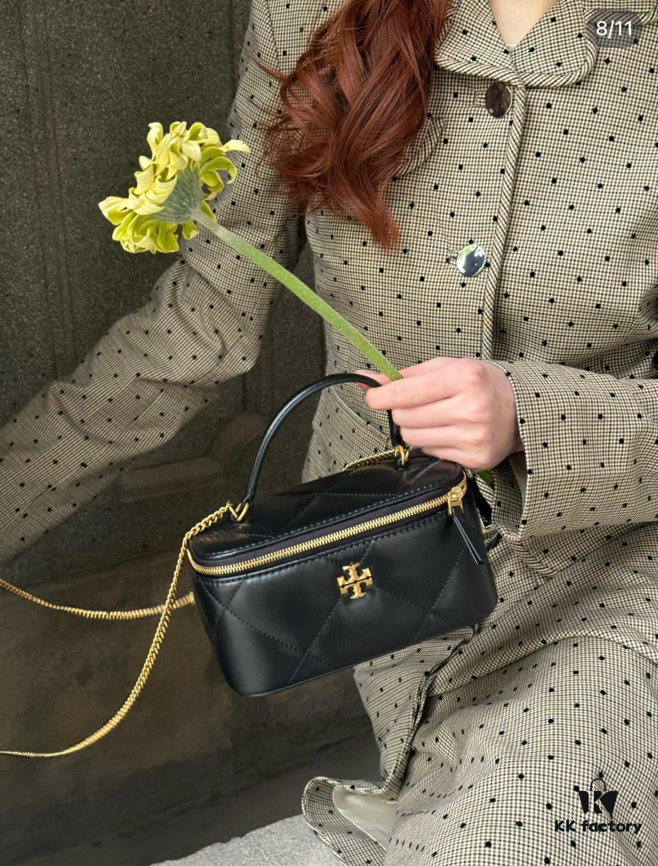 Tory Burch New Kira Cosmetic Box Bag, Soft and Durable Calfskin with Quilted Diamond Stitching, Detachable Strap for Shoulder, Crossbody or Handheld Wear