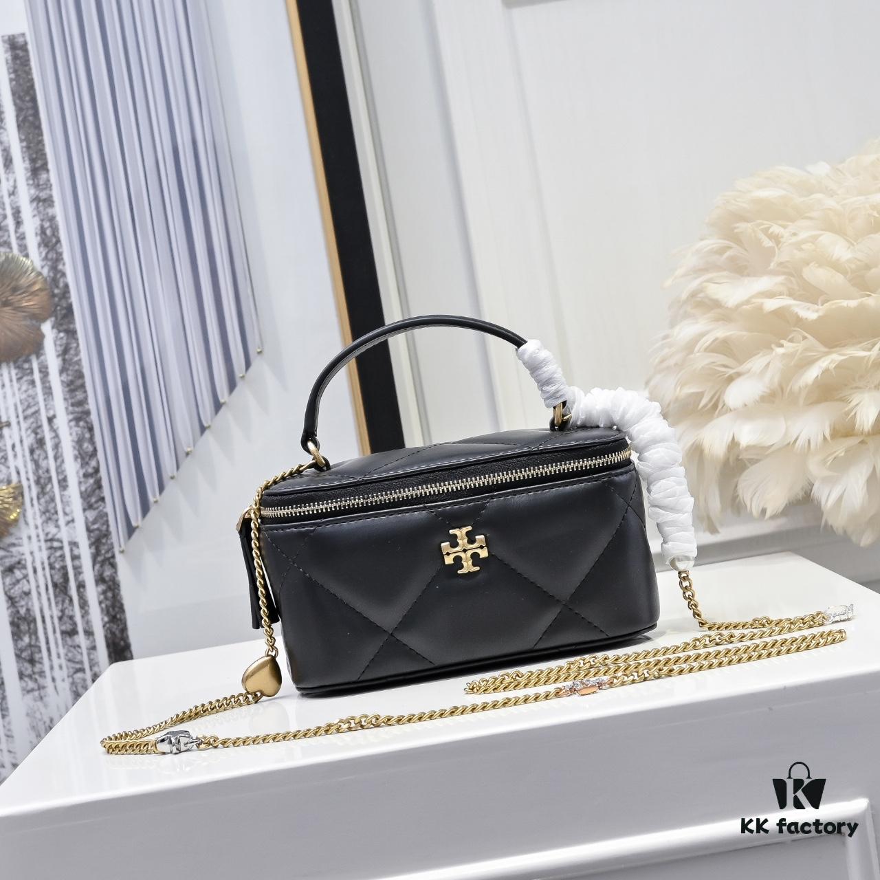 Tory Burch New Kira Makeup Box Bag, Soft and Durable Calfskin with Quilted Diamond Stitching, Detachable Strap for Crossbody, Shoulder or Handheld Wear