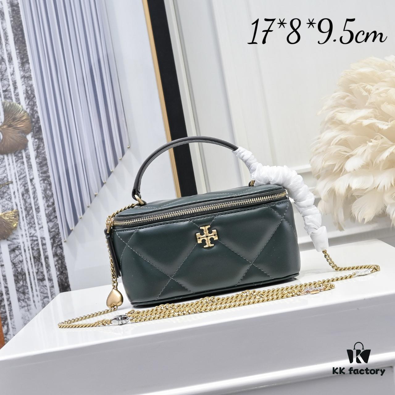 Tory Burch New Kira Cosmetic Box Bag, Soft and Durable Calfskin with Diamond Quilting, Detachable Strap, Double T Logo Hardware