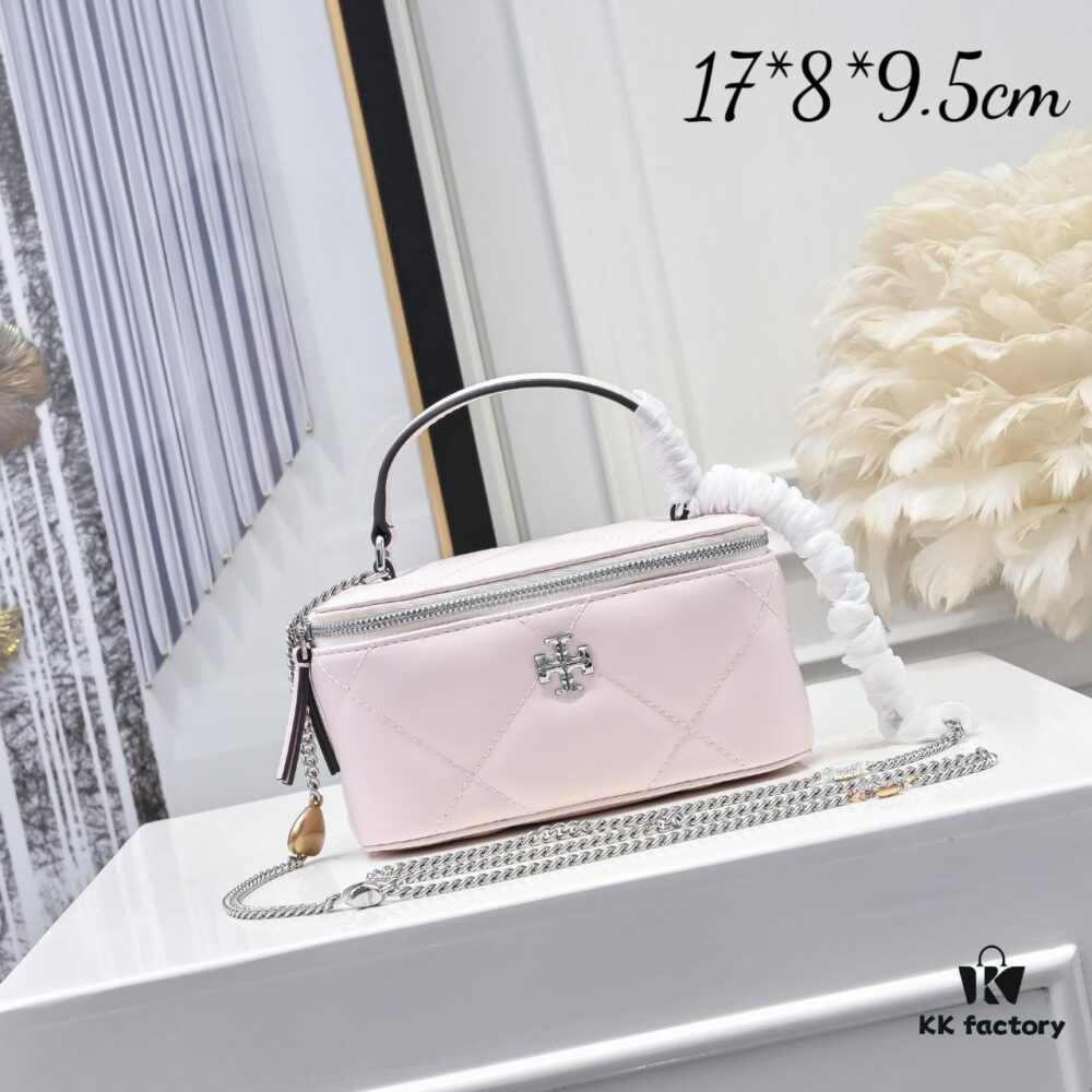 Tory Burch New Kira Cosmetic Box Bag, Soft and Durable Calfskin with Quilted Diamond Stitching, Detachable Strap for Crossbody, Shoulder or Handheld Wear