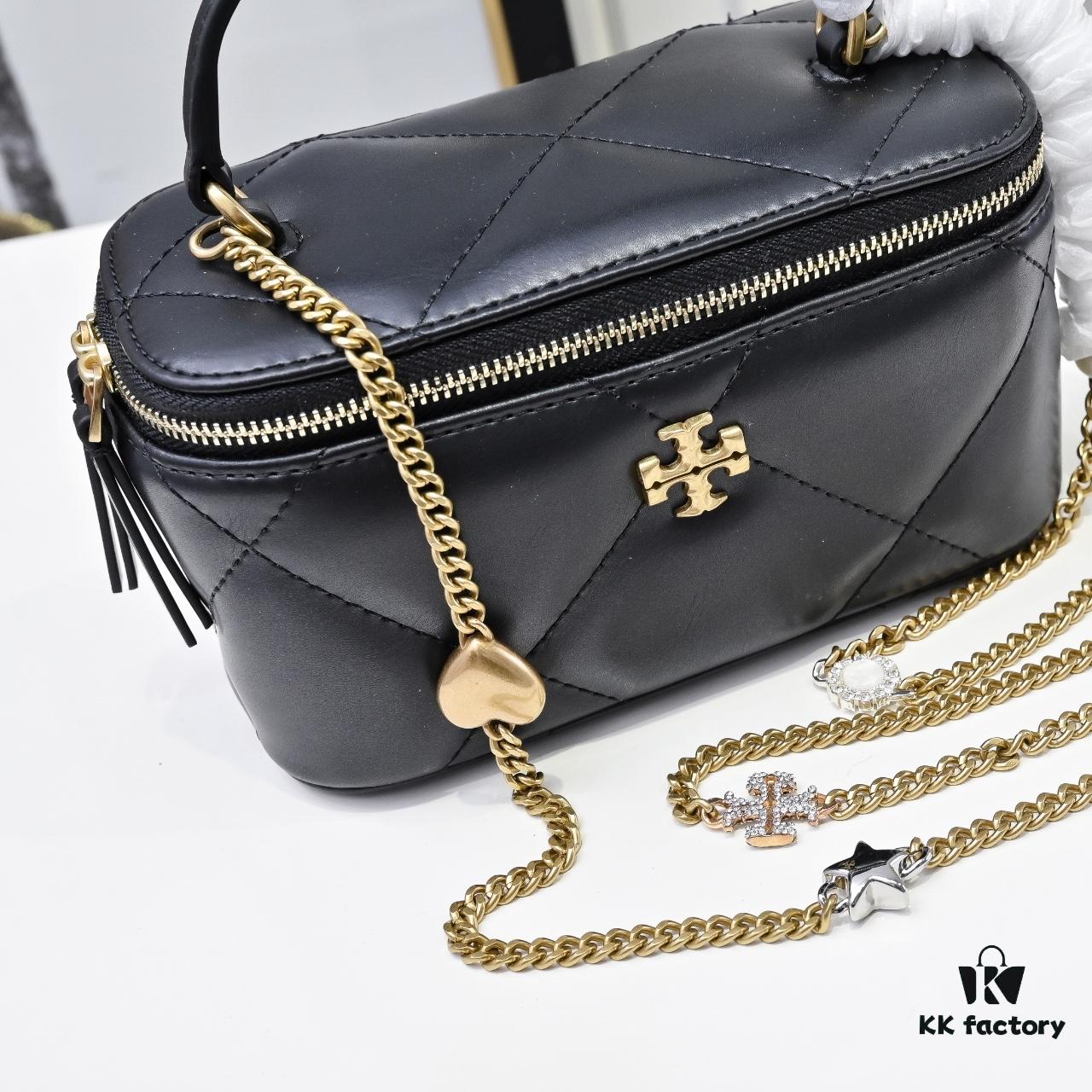 Tory Burch New Kira Makeup Box Bag, Soft and Durable Calfskin with Quilted Diamond Stitching, Detachable Strap for Crossbody, Shoulder or Handheld Wear