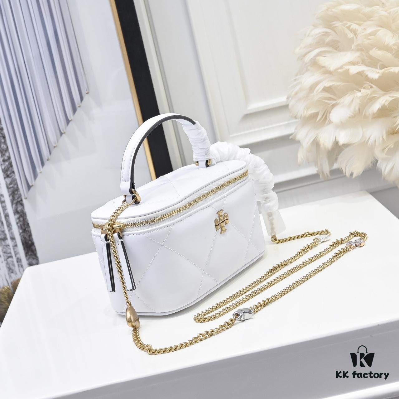 Tory Burch New Kira Cosmetic Box Bag, Soft and Durable Calfskin with Diamond Quilting, Detachable Strap, Double T Logo Hardware