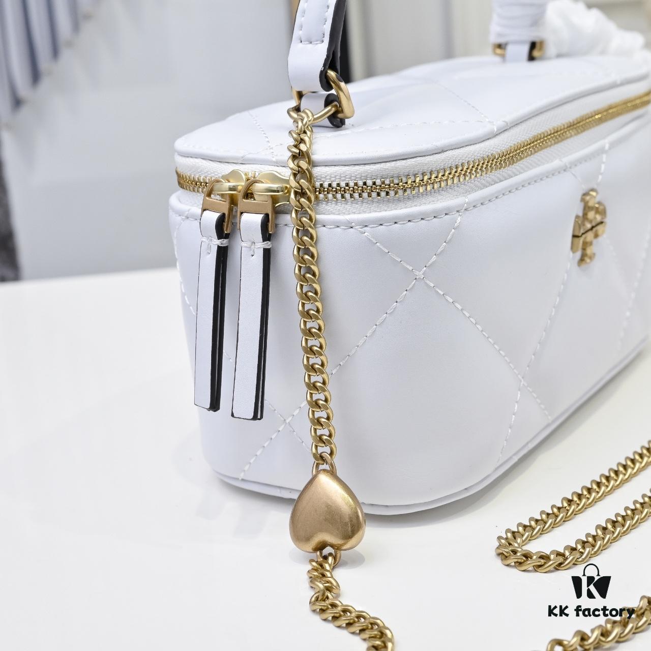 Tory Burch New Kira Cosmetic Box Bag, Soft and Durable Calfskin with Diamond Quilting, Detachable Strap, Double T Logo Hardware