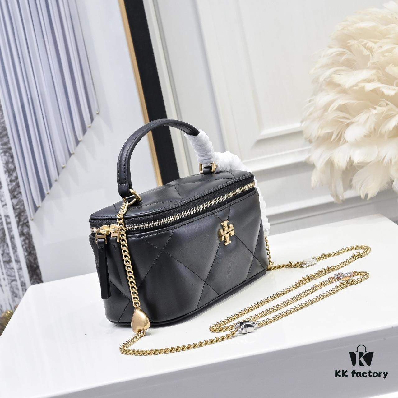 Tory Burch New Kira Makeup Box Bag, Soft and Durable Calfskin with Quilted Diamond Stitching, Detachable Strap for Crossbody, Shoulder or Handheld Wear