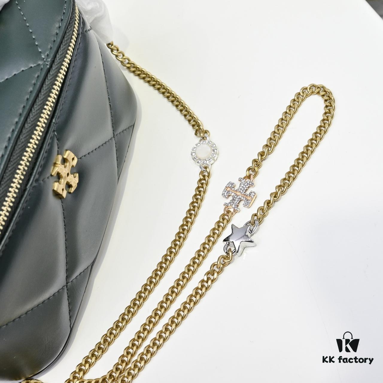 Tory Burch New Kira Cosmetic Box Bag, Soft and Durable Calfskin with Diamond Quilting, Detachable Strap, Double T Logo Hardware