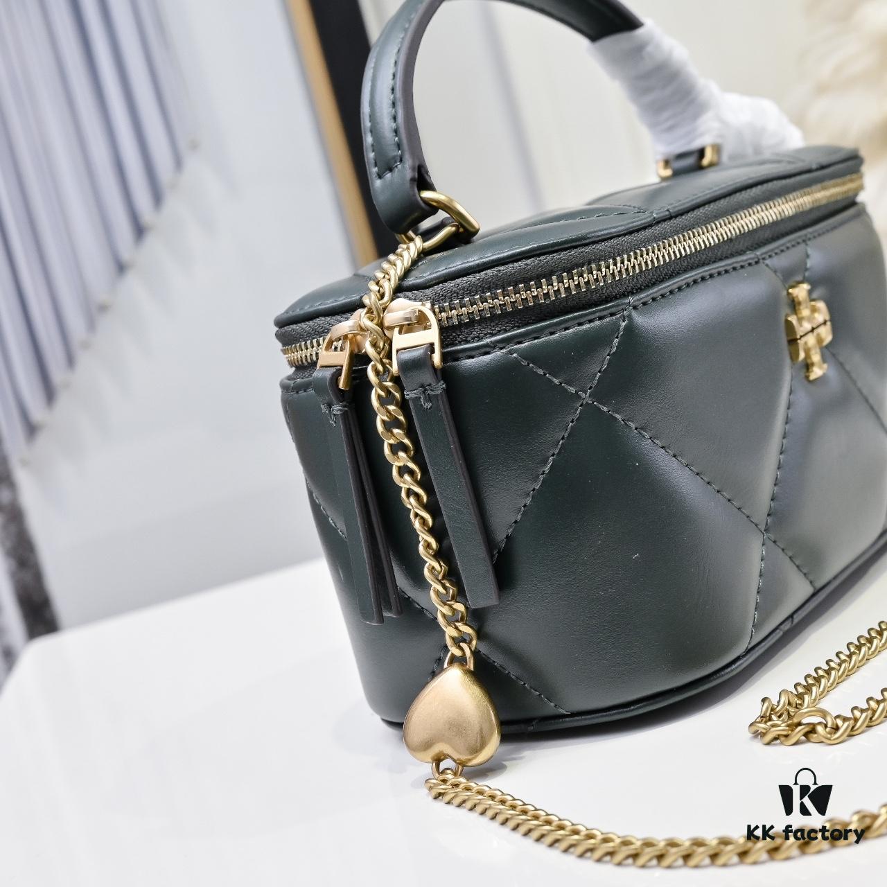 Tory Burch New Kira Cosmetic Box Bag, Soft and Durable Calfskin with Diamond Quilting, Detachable Strap, Double T Logo Hardware