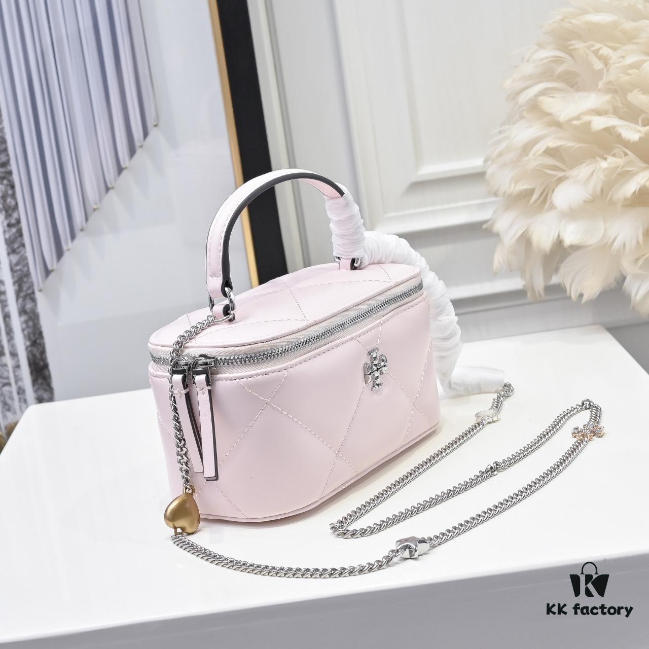 Tory Burch New Kira Cosmetic Box Bag, Soft and Durable Calfskin with Quilted Diamond Stitching, Detachable Strap for Crossbody, Shoulder or Handheld Wear