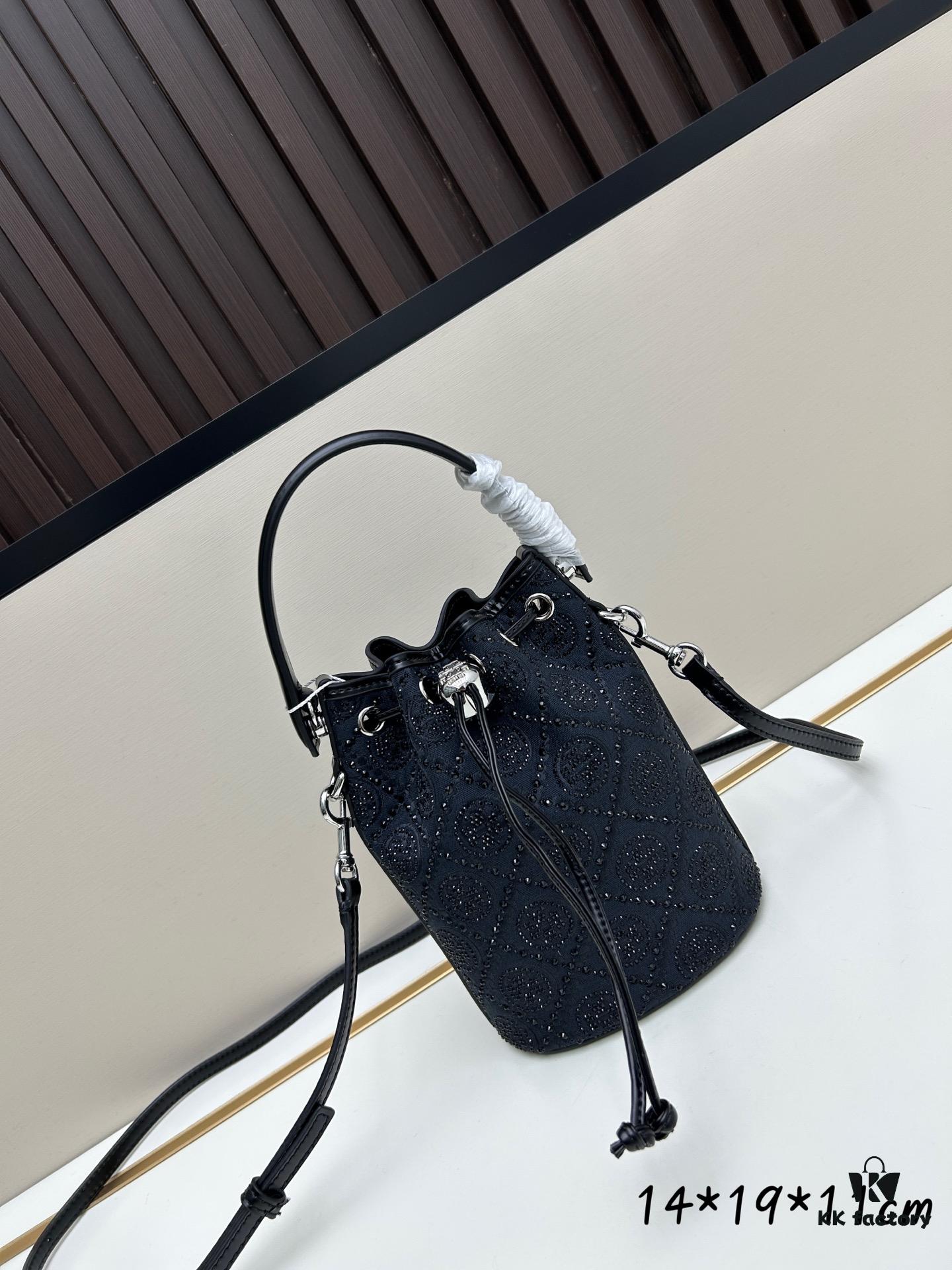 TORY BURCH Monogram 2021 Summer Drawstring Bucket Bag in Navy Canvas with Vintage Jacquard Detail