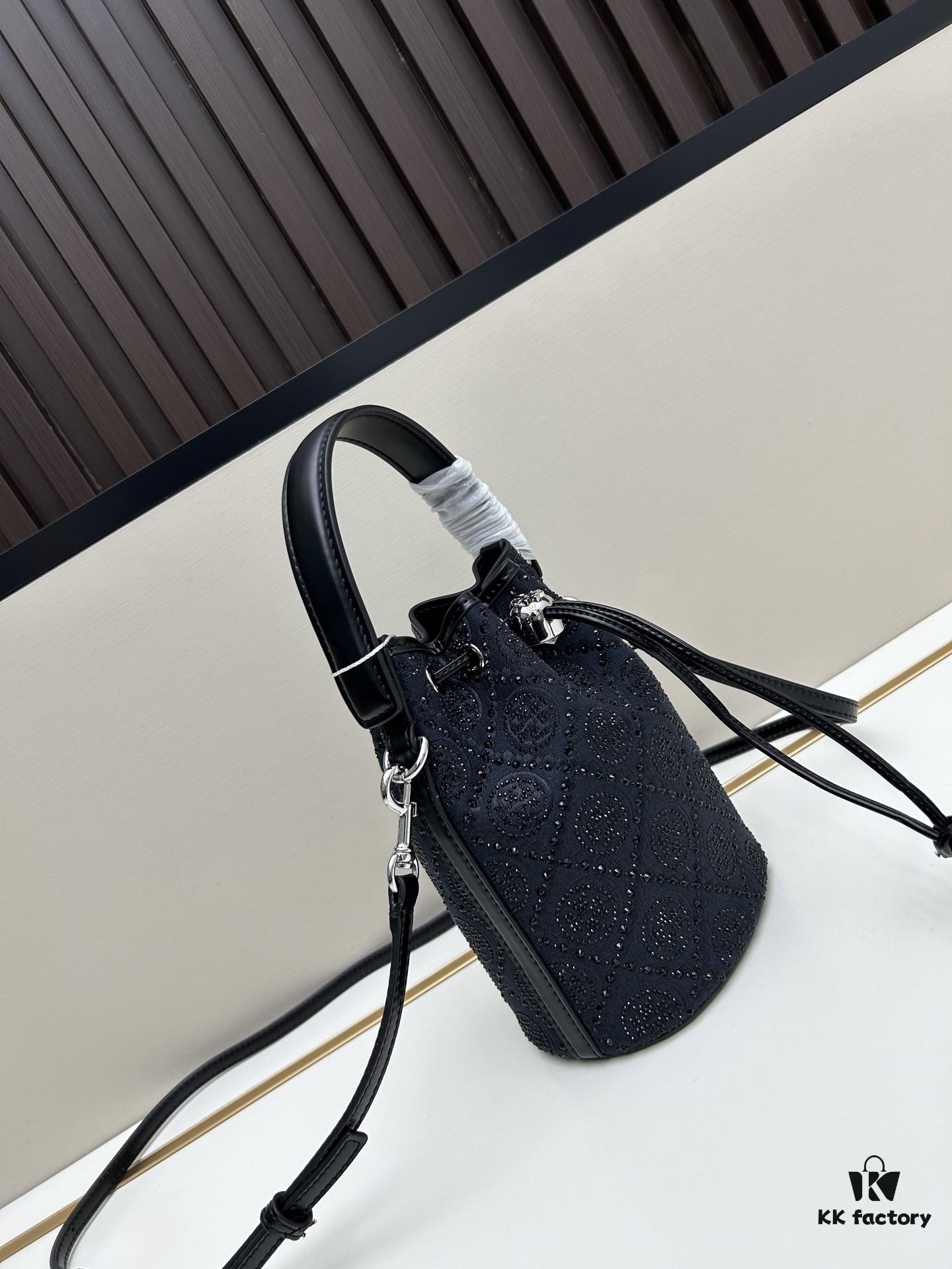 TORY BURCH Monogram 2021 Summer Drawstring Bucket Bag in Navy Canvas with Vintage Jacquard Detail