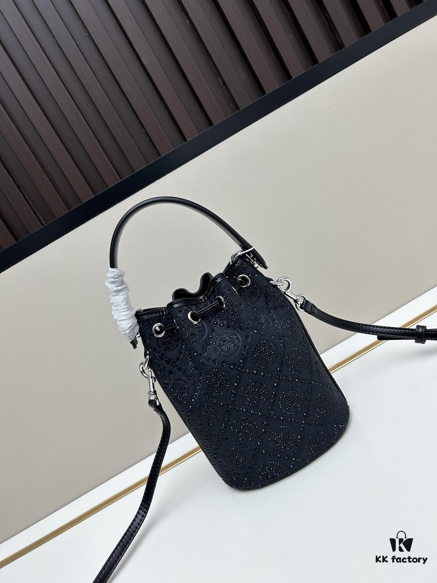 TORY BURCH Monogram 2021 Summer Drawstring Bucket Bag in Navy Canvas with Vintage Jacquard Detail