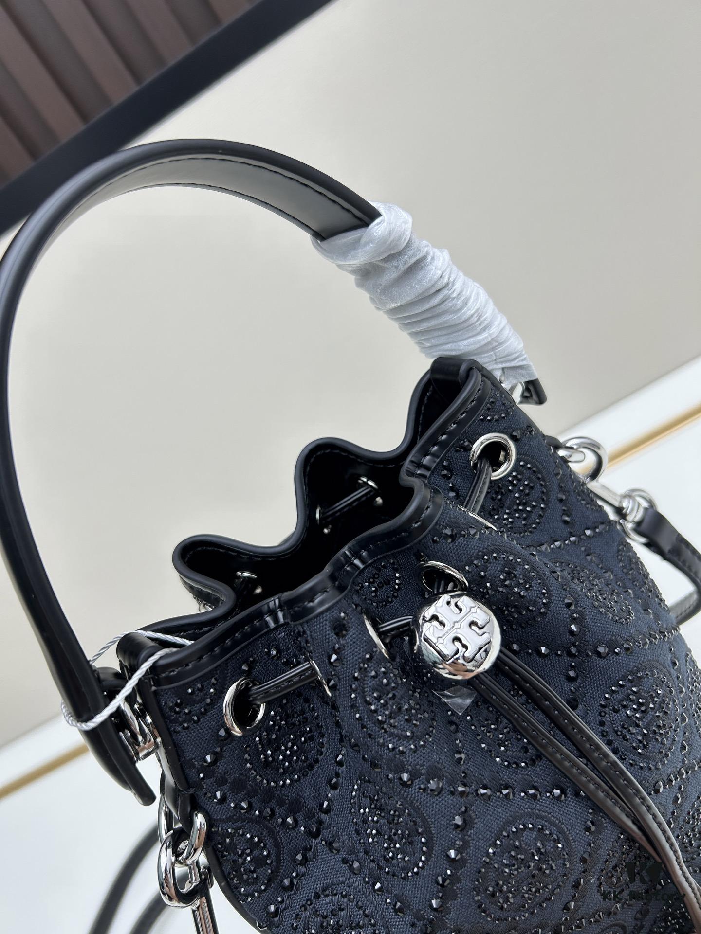 TORY BURCH Monogram 2021 Summer Drawstring Bucket Bag in Navy Canvas with Vintage Jacquard Detail