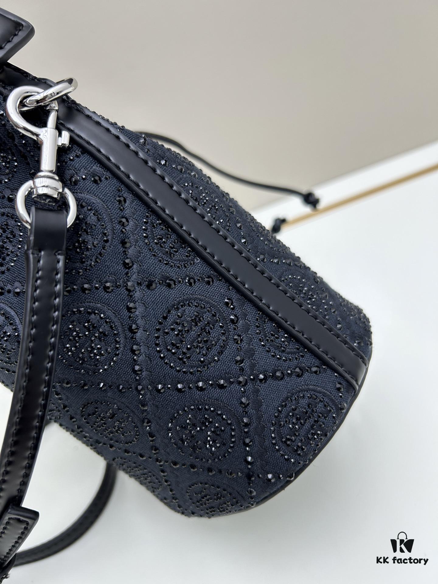 TORY BURCH Monogram 2021 Summer Drawstring Bucket Bag in Navy Canvas with Vintage Jacquard Detail