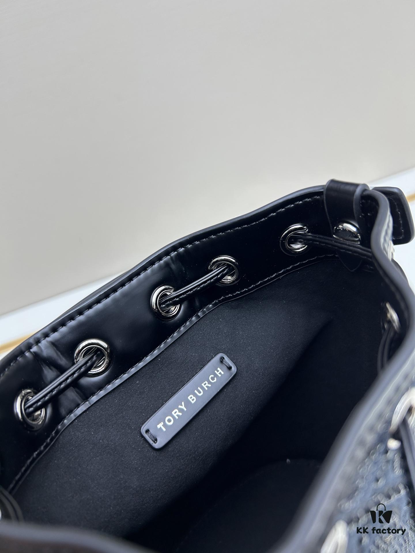 TORY BURCH Monogram 2021 Summer Drawstring Bucket Bag in Navy Canvas with Vintage Jacquard Detail