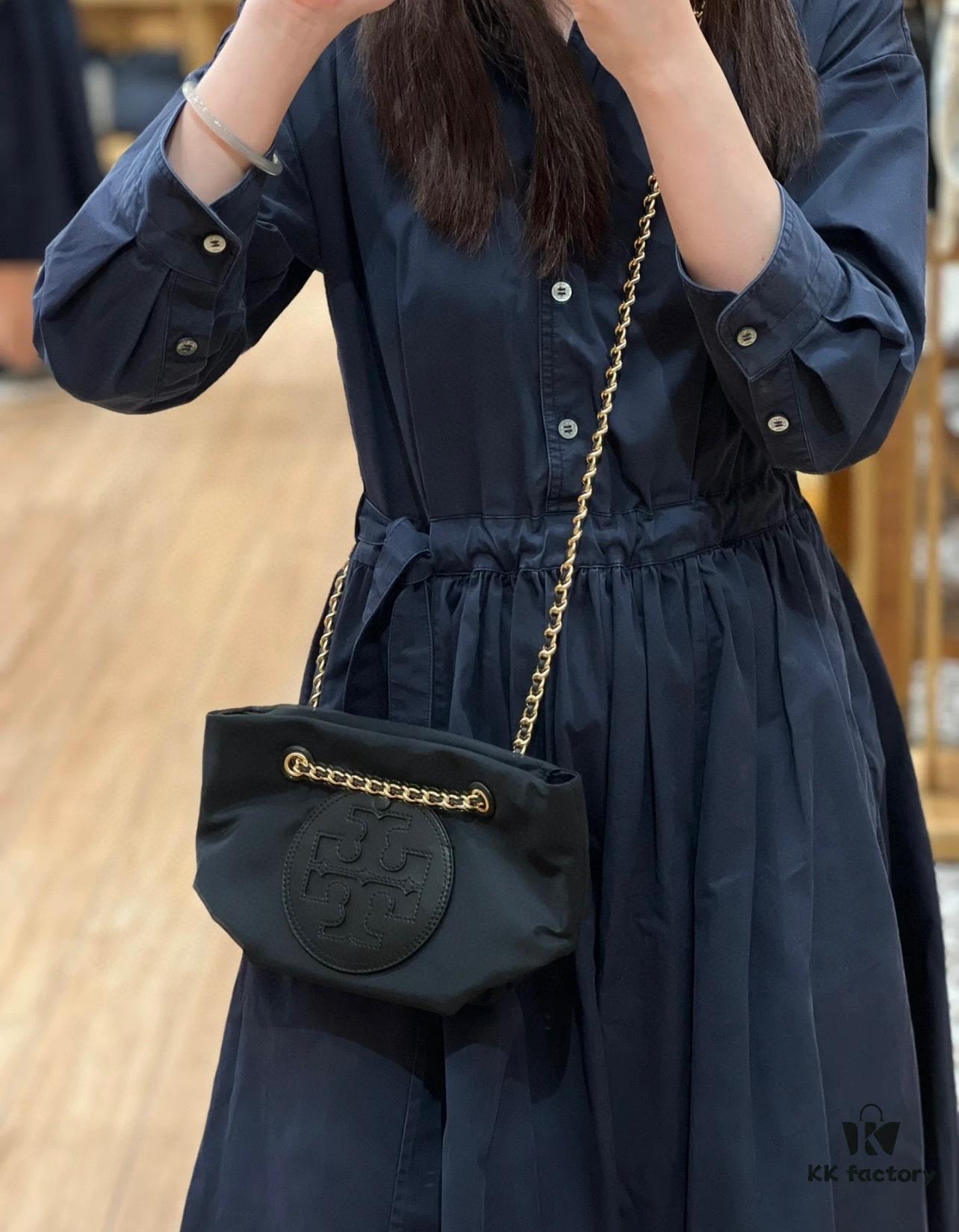 Tory Burch Ella Small Nylon Crossbody Bag – Lightweight Recycled Nylon with Woven Chain Strap