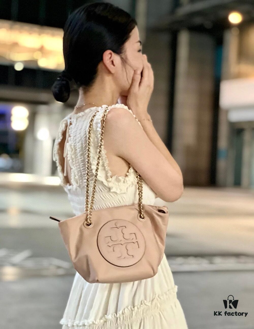 Tory Burch Ella Mini Chain Crossbody Bag – Lightweight Recycled Nylon Design with Woven Strap