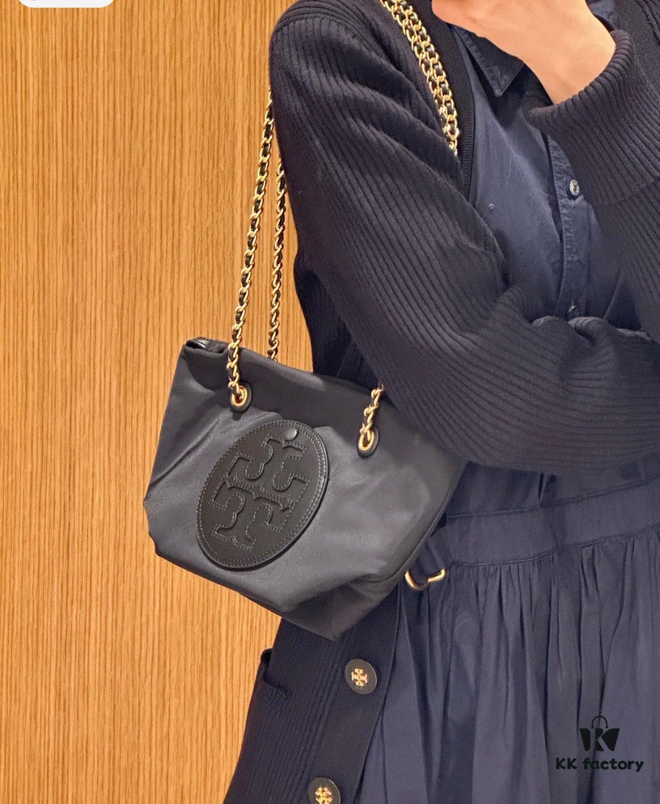 Tory Burch Ella Small Nylon Crossbody Bag – Lightweight Recycled Nylon with Woven Chain Strap