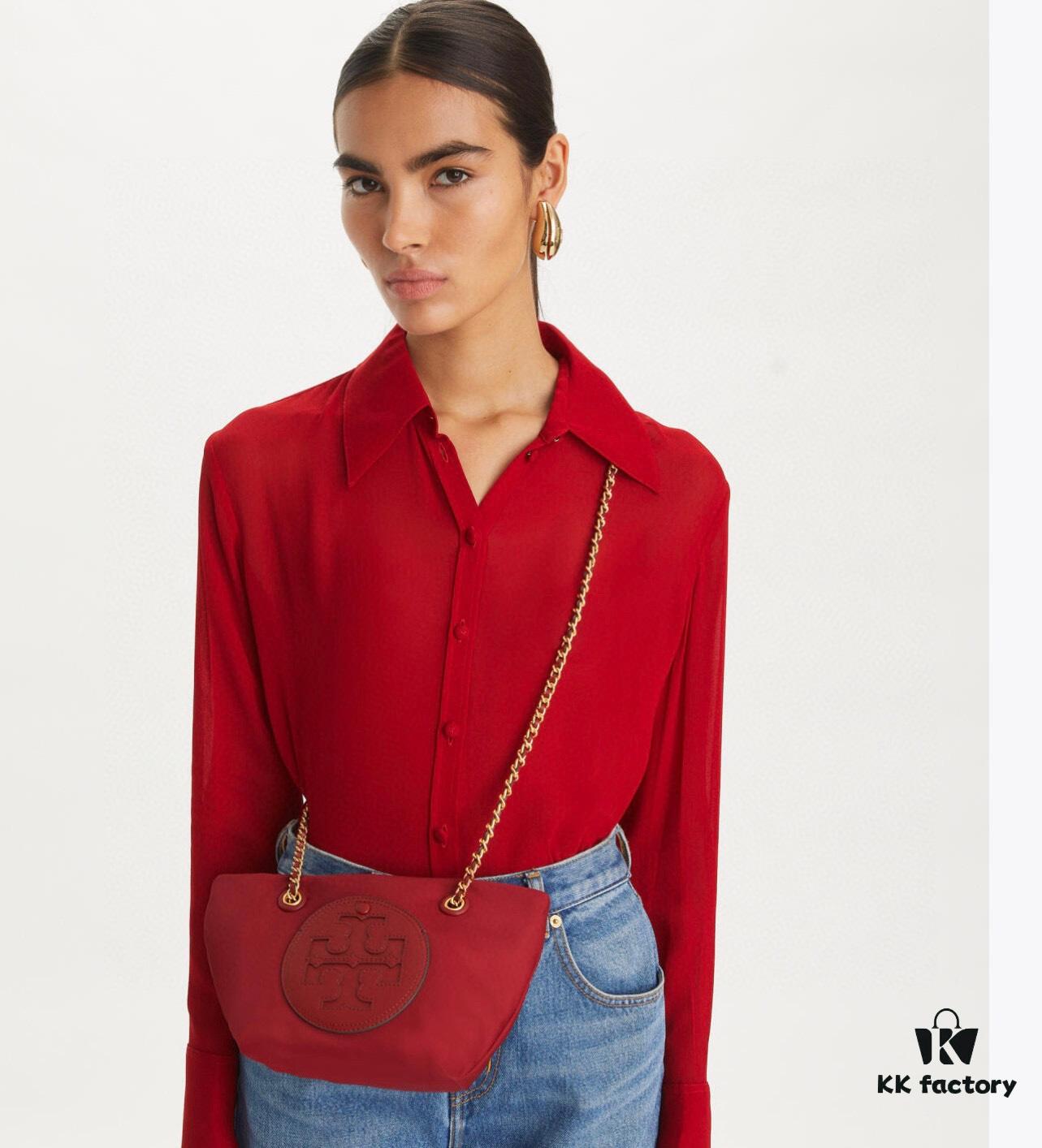 Tory Burch Ella Mini Chain Crossbody Bag – Lightweight Recycled Nylon Design with Woven Strap