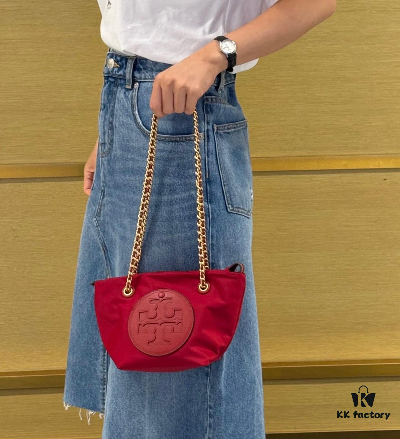 Tory Burch Ella Mini Chain Crossbody Bag – Lightweight Recycled Nylon Design with Woven Strap