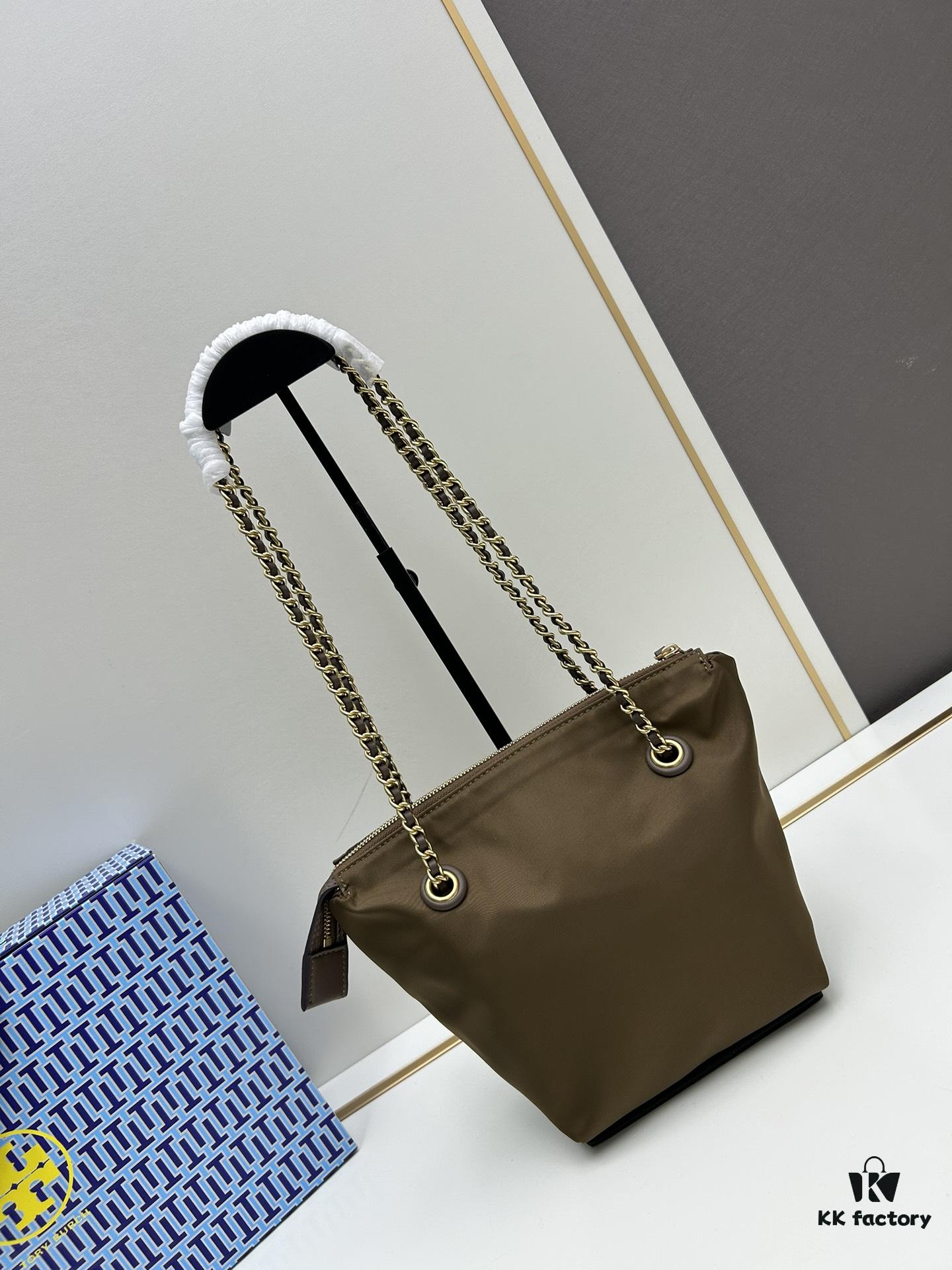 Tory Burch Ella Small Nylon Crossbody Bag – Lightweight Regenerated Nylon with Woven Chain Strap