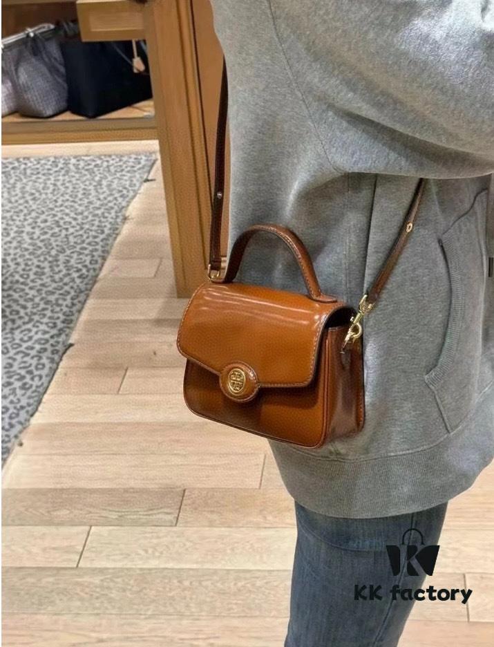 New TORY BURCH Robinson Series Patent Leather Motorcycle Bag – Classic Foldover Handbag with Multiple Carrying Options