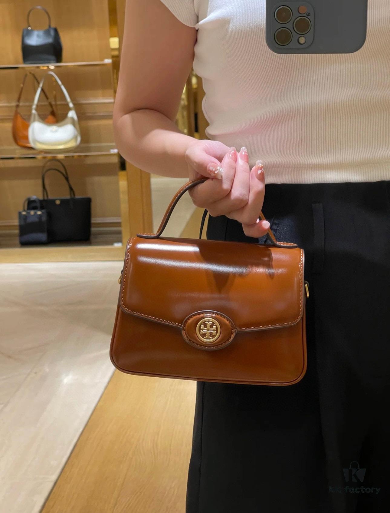 New TORY BURCH Robinson Series Patent Leather Motorcycle Bag – Classic Foldover Handbag with Multiple Carrying Options