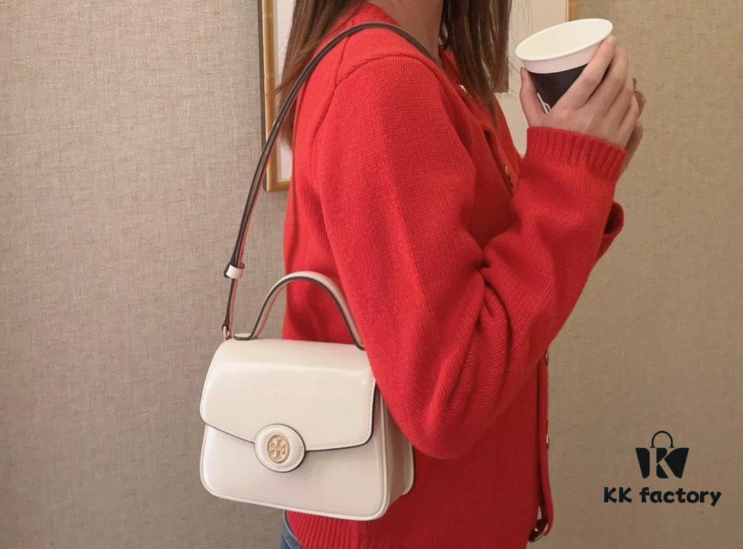 New TORY BURCH Robinson Series Patent Leather Motorcycle Bag – Classic Foldover Handbag with Multiple Carrying Options