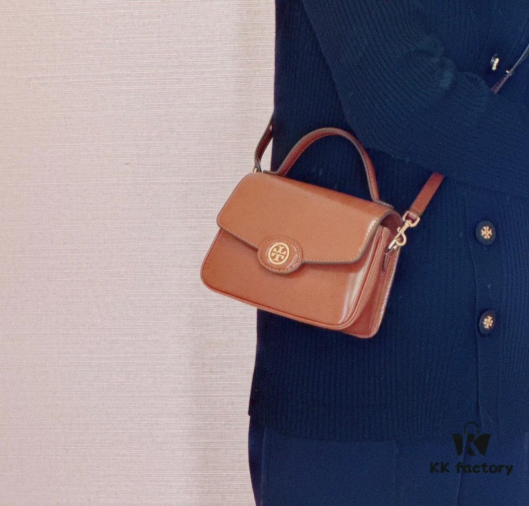 New TORY BURCH Robinson Series Patent Leather Motorcycle Bag – Classic Foldover Handbag with Multiple Carrying Options