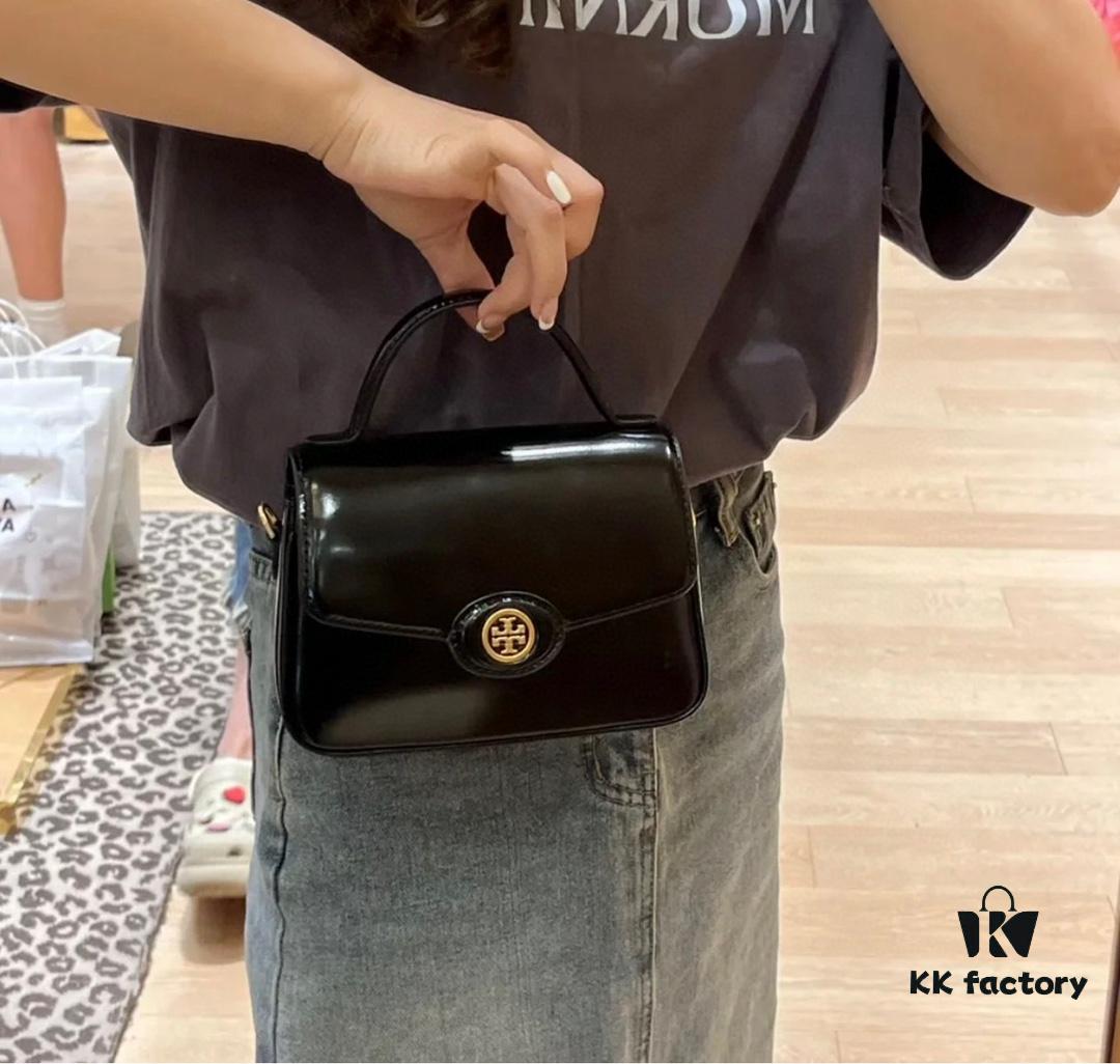 New TORY BURCH Robinson Series Patent Leather Motorcycle Bag – Classic Foldover Handbag with Multiple Carrying Options