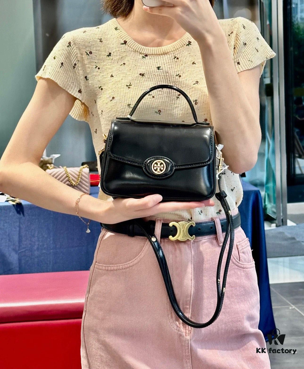 New TORY BURCH Robinson Series Patent Leather Motorcycle Bag – Classic Foldover Handbag with Multiple Carrying Options