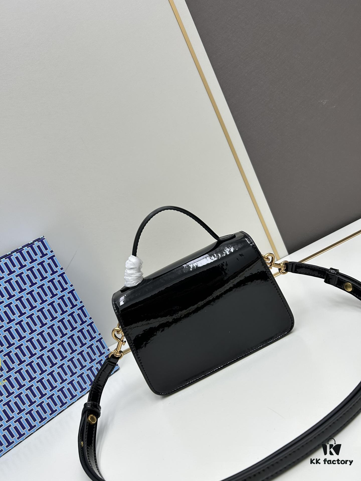 New TORY BURCH Robinson Series Patent Leather Motorcycle Bag – Classic Foldover Handbag with Detachable Strap