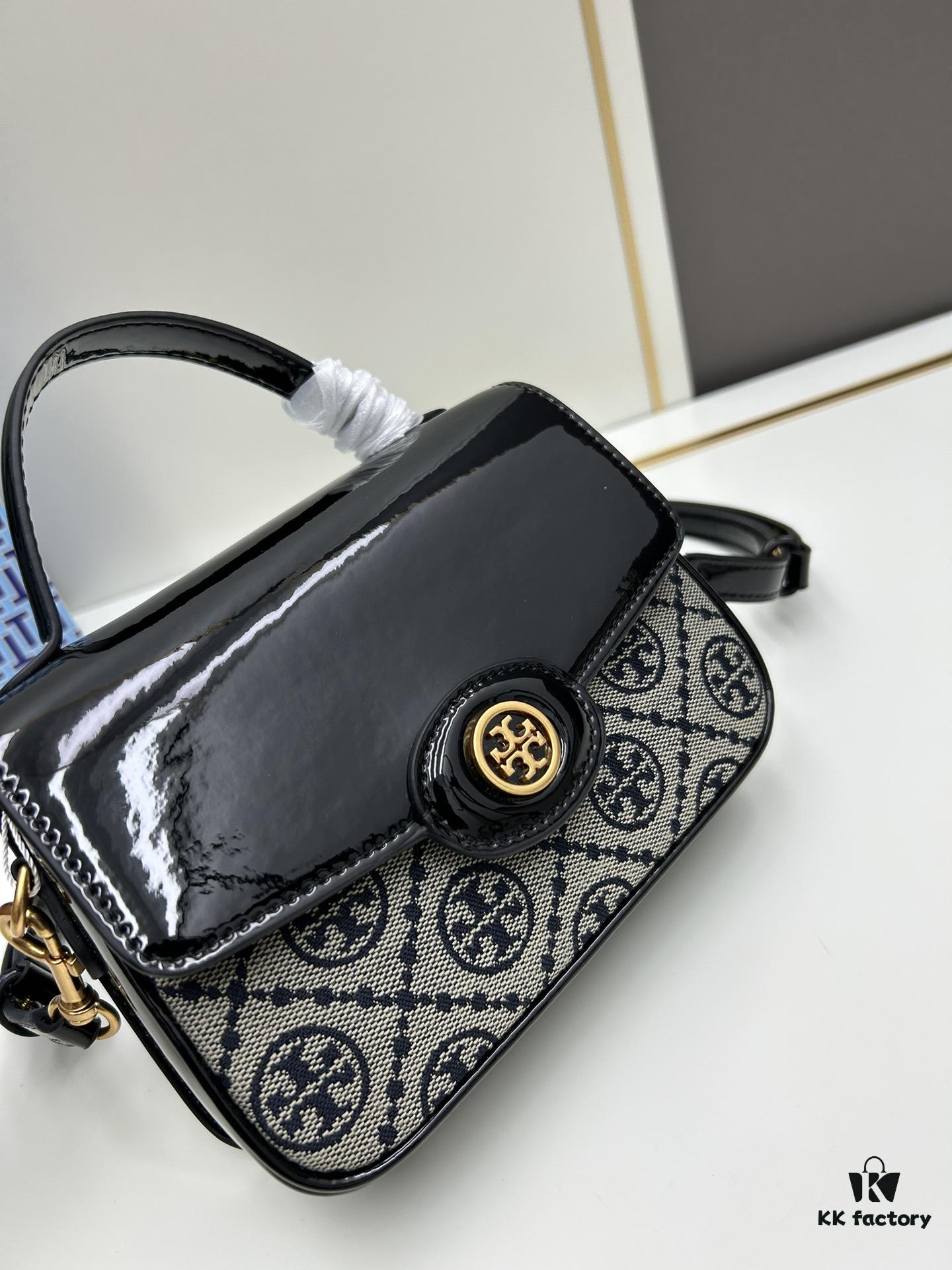 New TORY BURCH Robinson Series Patent Leather Motorcycle Bag – Classic Foldover Handbag with Detachable Strap