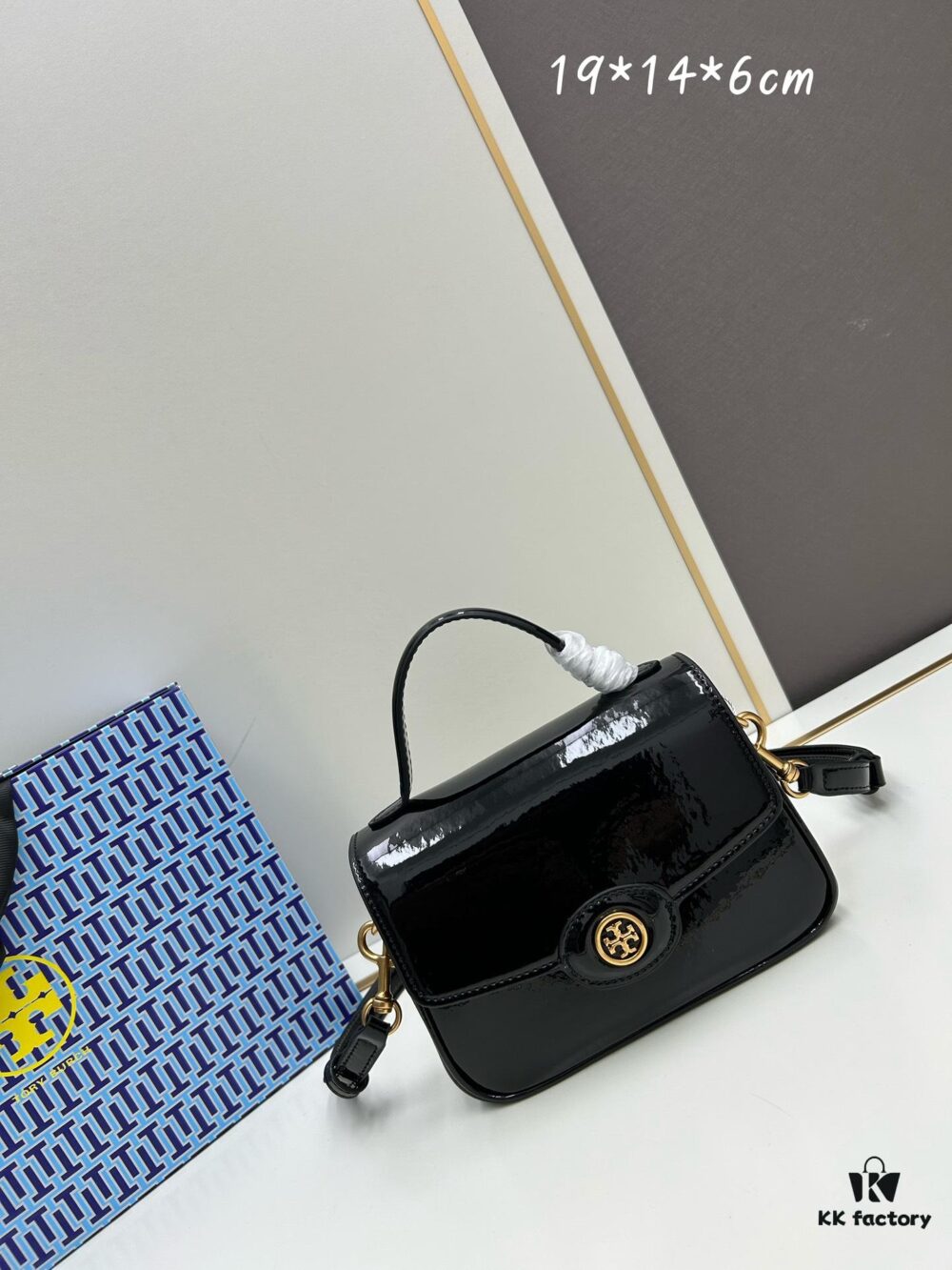 New TORY BURCH Robinson Series Patent Leather Biker Bag – Smooth Shiny Finish, Suede Lining, Brass Hardware, Magnetic Snap Closure, Multi-Wear Handle