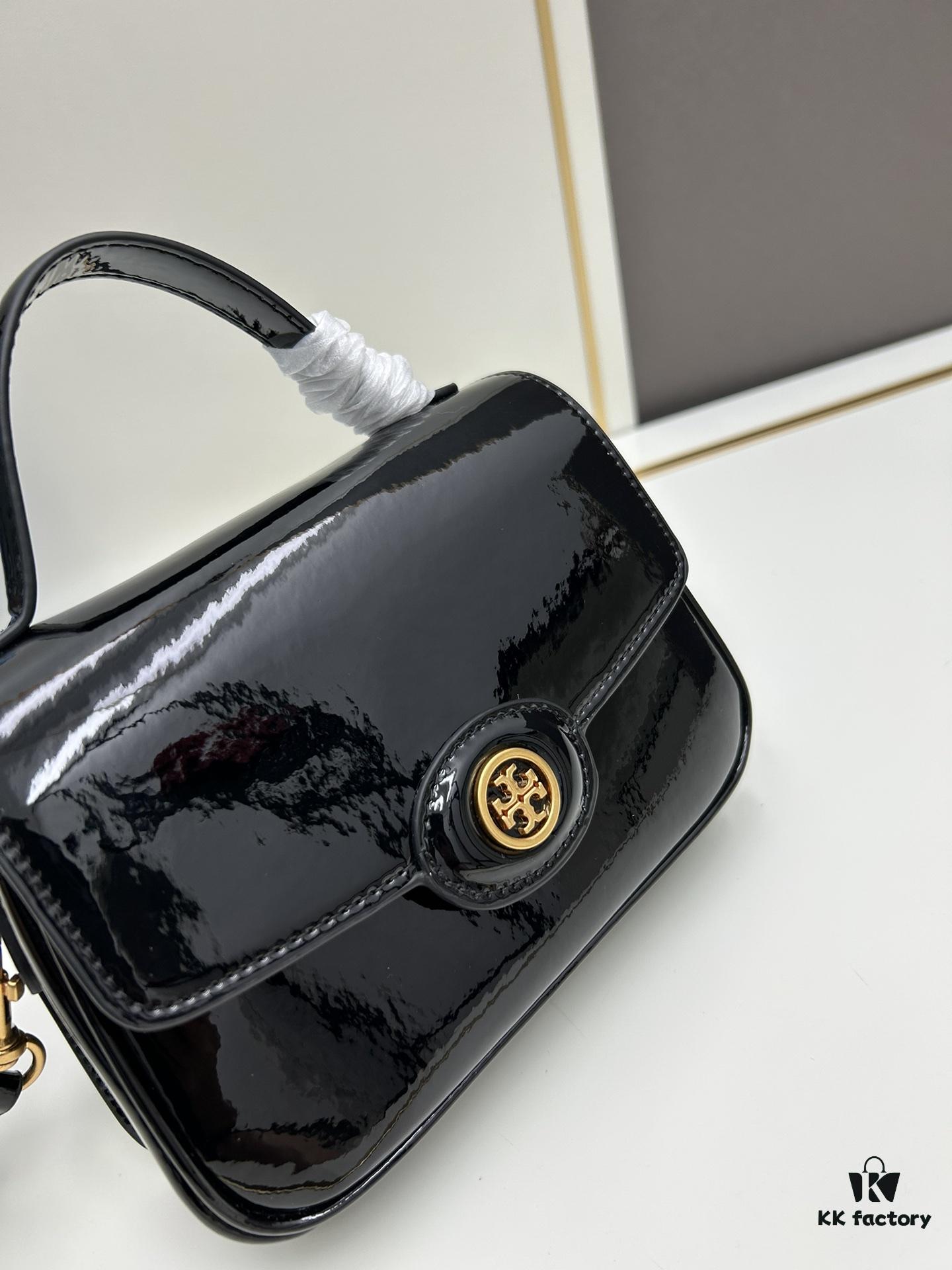 New TORY BURCH Robinson Series Patent Leather Biker Bag – Smooth Shiny Finish, Suede Lining, Brass Hardware, Magnetic Snap Closure, Multi-Wear Handle