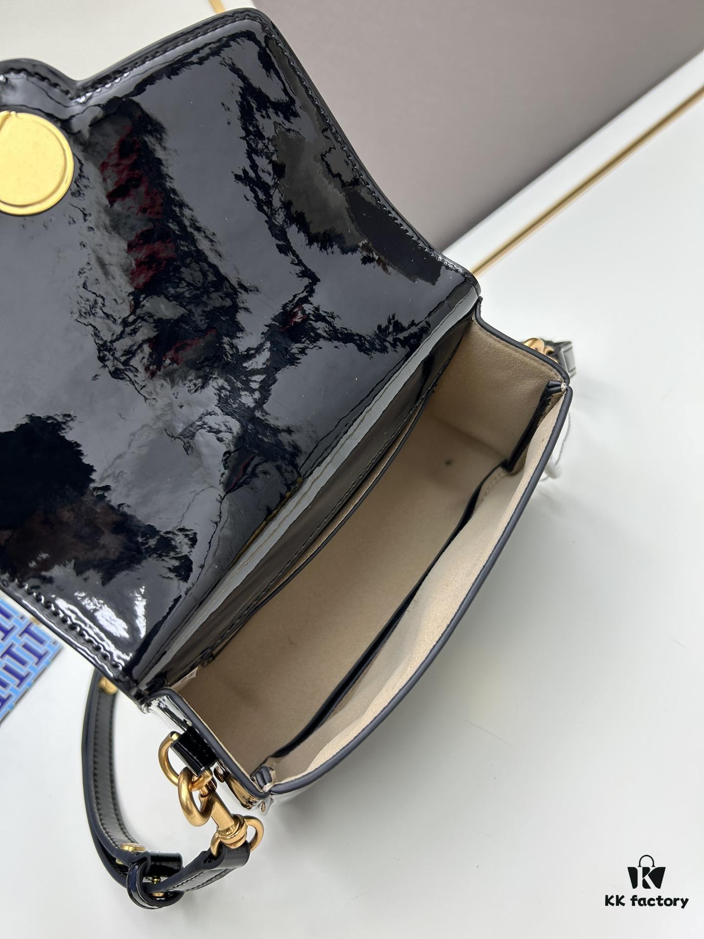 New TORY BURCH Robinson Series Patent Leather Biker Bag – Smooth Shiny Finish, Suede Lining, Brass Hardware, Magnetic Snap Closure, Multi-Wear Handle