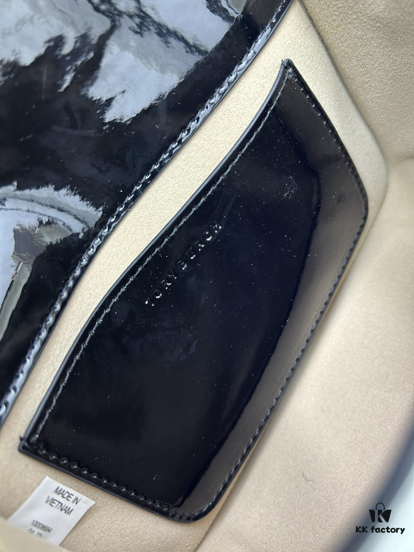 New TORY BURCH Robinson Series Patent Leather Biker Bag – Smooth Shiny Finish, Suede Lining, Brass Hardware, Magnetic Snap Closure, Multi-Wear Handle