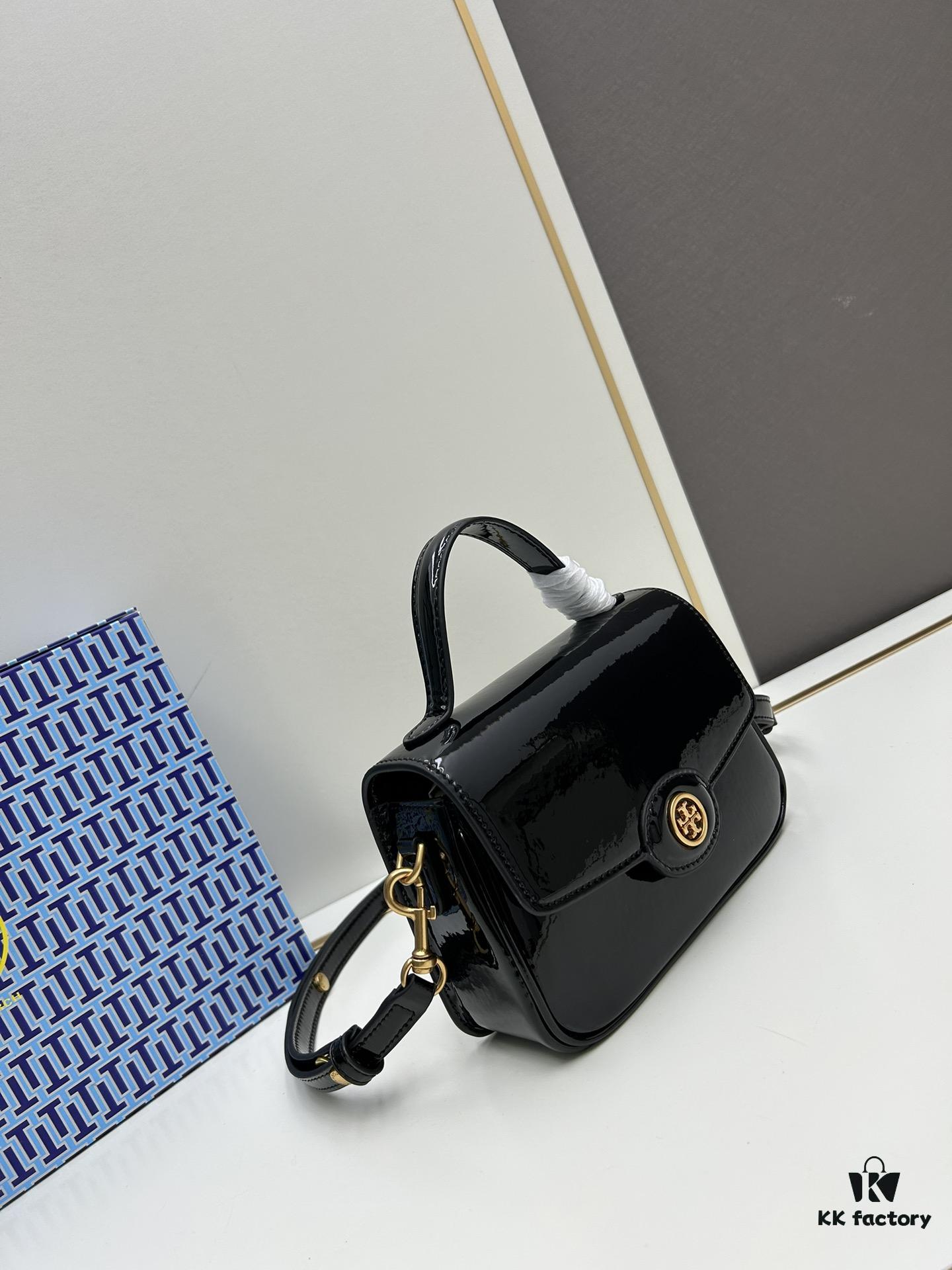 New TORY BURCH Robinson Series Patent Leather Biker Bag – Smooth Shiny Finish, Suede Lining, Brass Hardware, Magnetic Snap Closure, Multi-Wear Handle