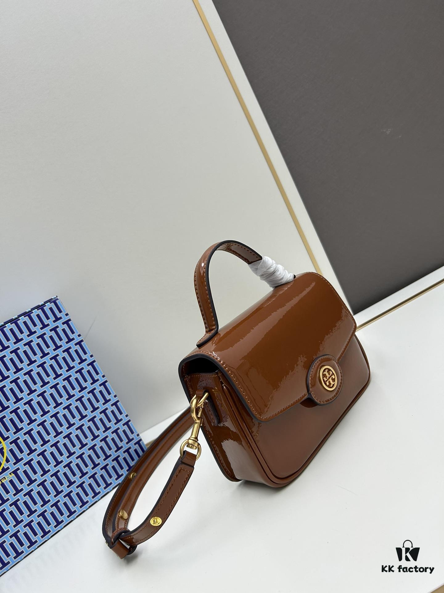 New TORY BURCH Robinson Series Patent Leather Motorcycle Bag – Classic Foldover Handbag with Multiple Carrying Options