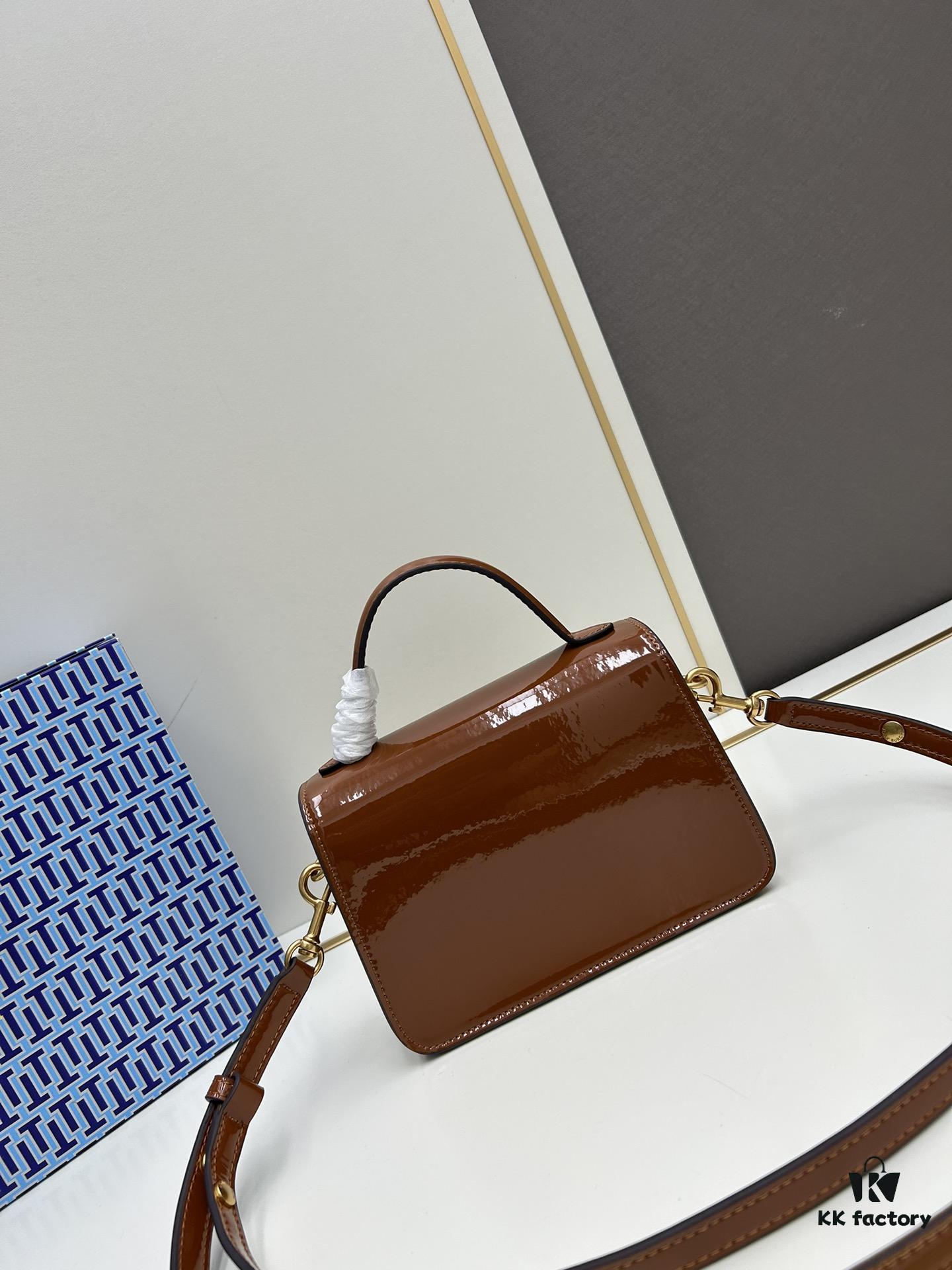 New TORY BURCH Robinson Series Patent Leather Motorcycle Bag – Classic Foldover Handbag with Multiple Carrying Options