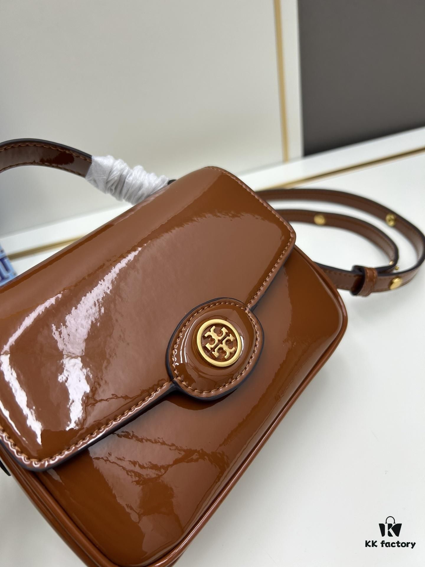 New TORY BURCH Robinson Series Patent Leather Motorcycle Bag – Classic Foldover Handbag with Multiple Carrying Options
