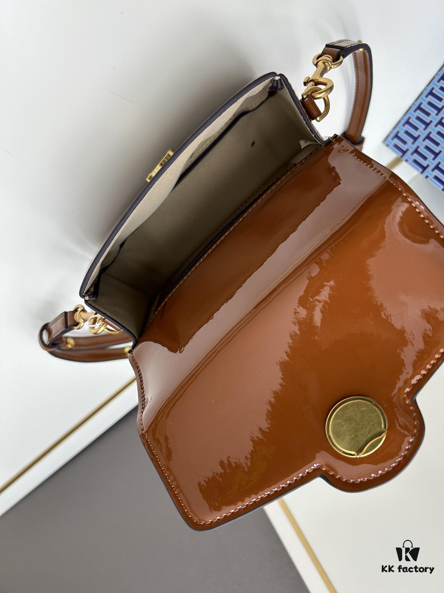 New TORY BURCH Robinson Series Patent Leather Motorcycle Bag – Classic Foldover Handbag with Multiple Carrying Options