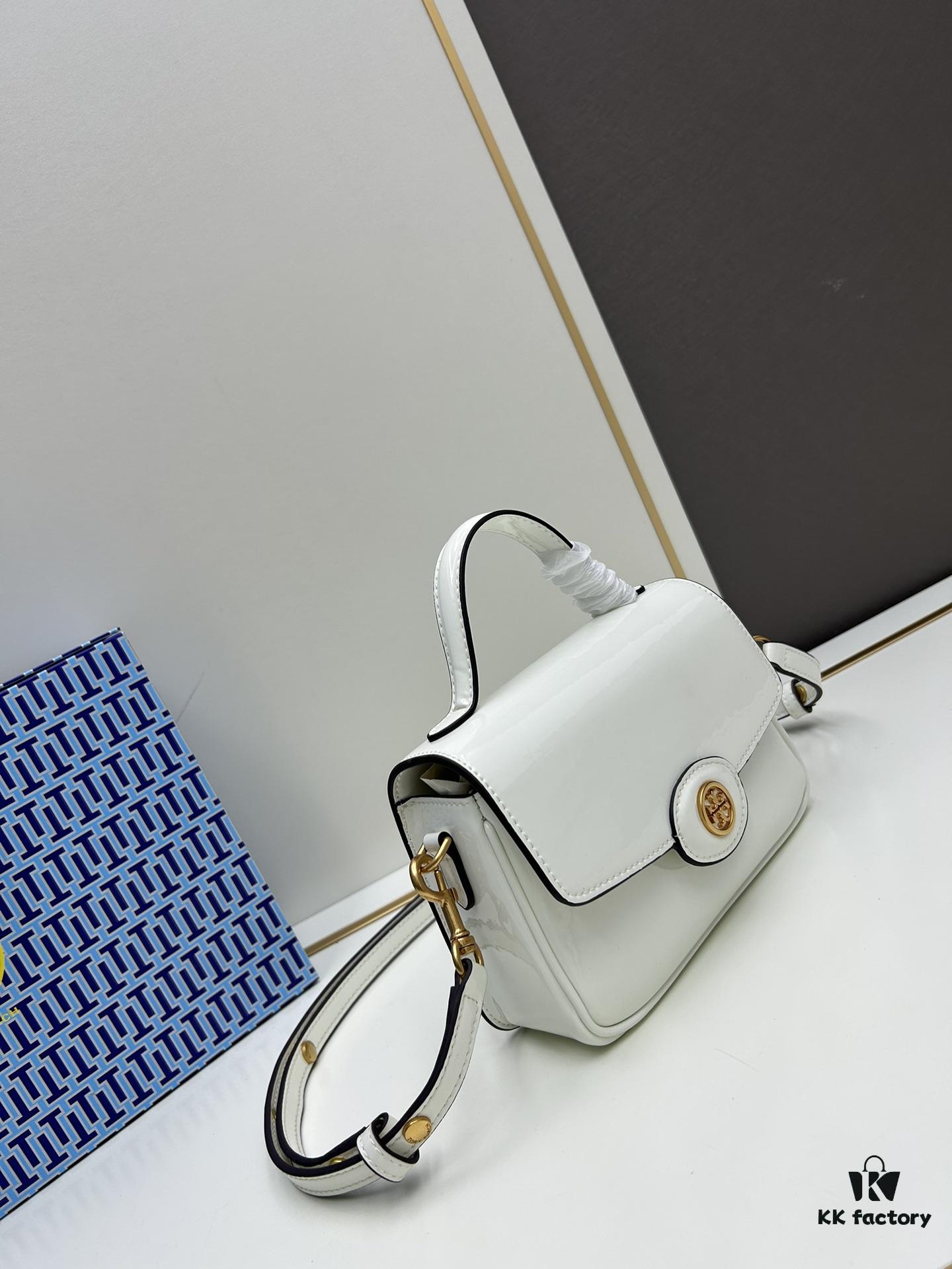 New TORY BURCH Robinson Series Patent Leather Biker Bag – Smooth Shiny Finish, Suede Lining, Brass Hardware, Magnetic Snap Closure, Multi-Wear Handle