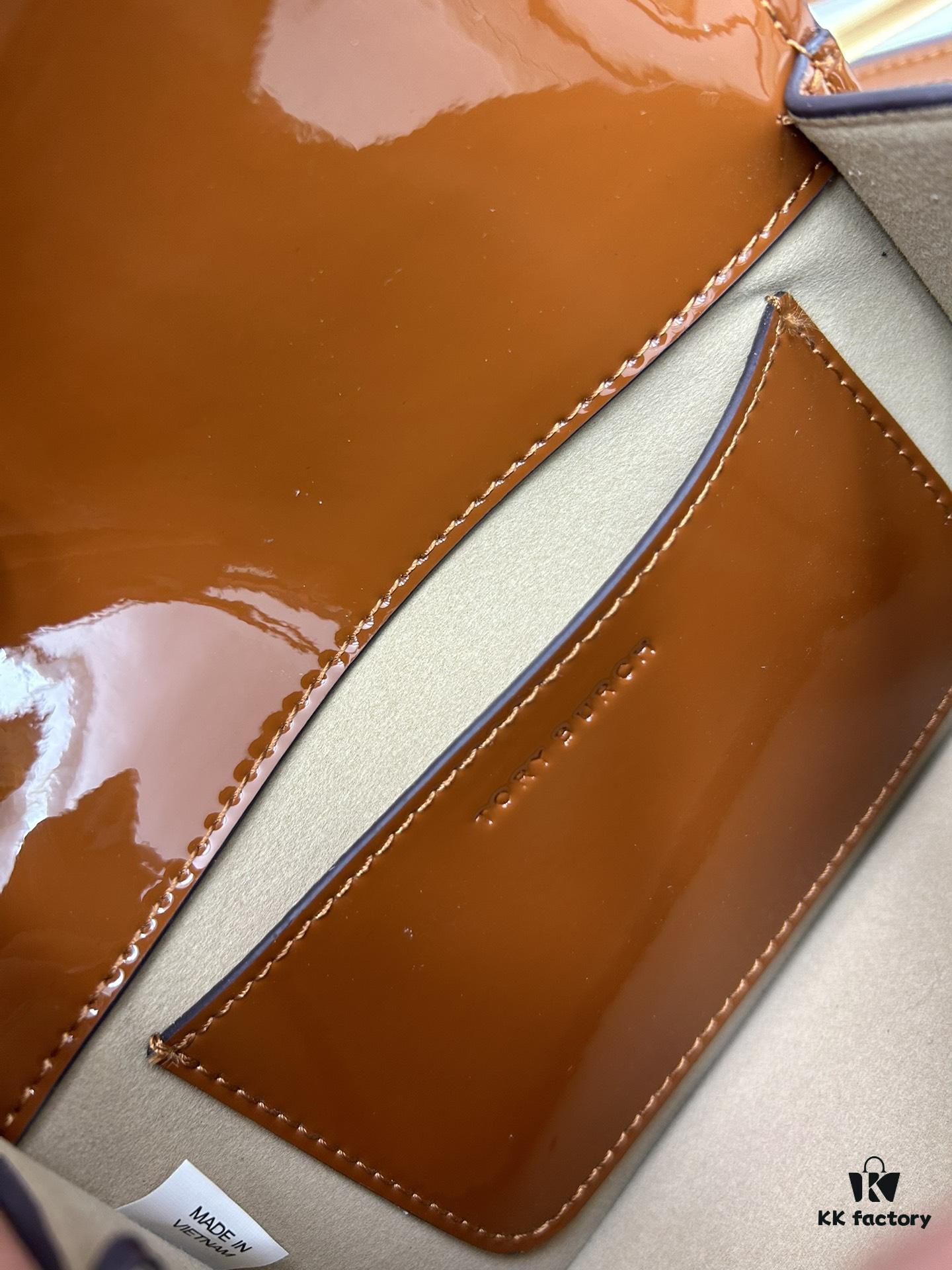 New TORY BURCH Robinson Series Patent Leather Motorcycle Bag – Classic Foldover Handbag with Multiple Carrying Options