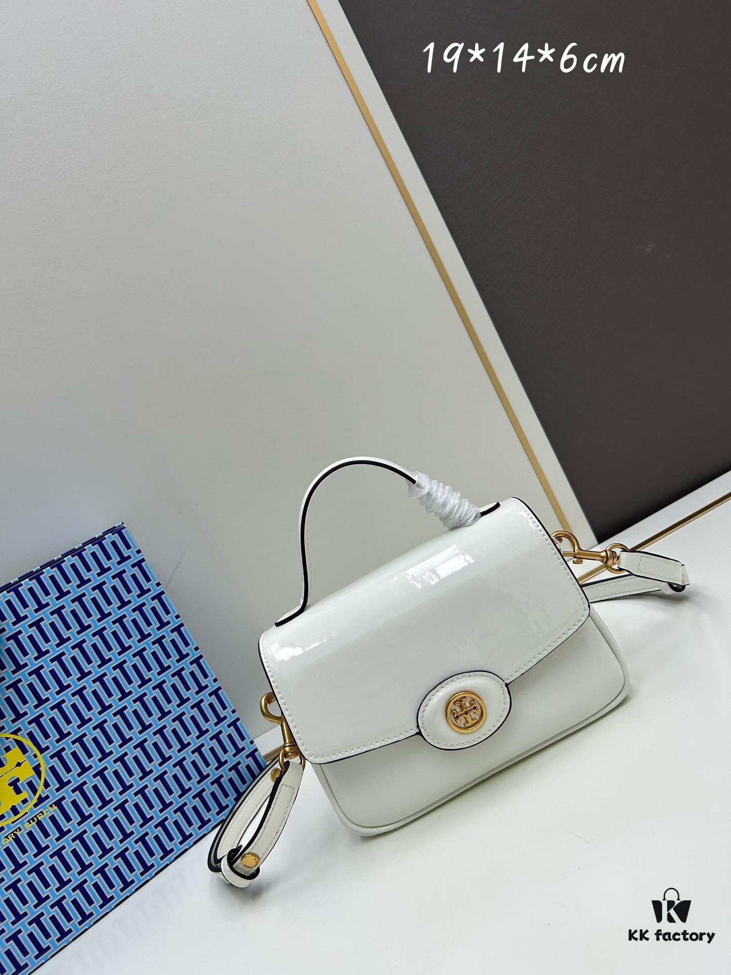 New TORY BURCH Robinson Series Patent Leather Biker Bag – Smooth Shiny Finish, Suede Lining, Brass Hardware, Magnetic Snap Closure, Multi-Wear Handle