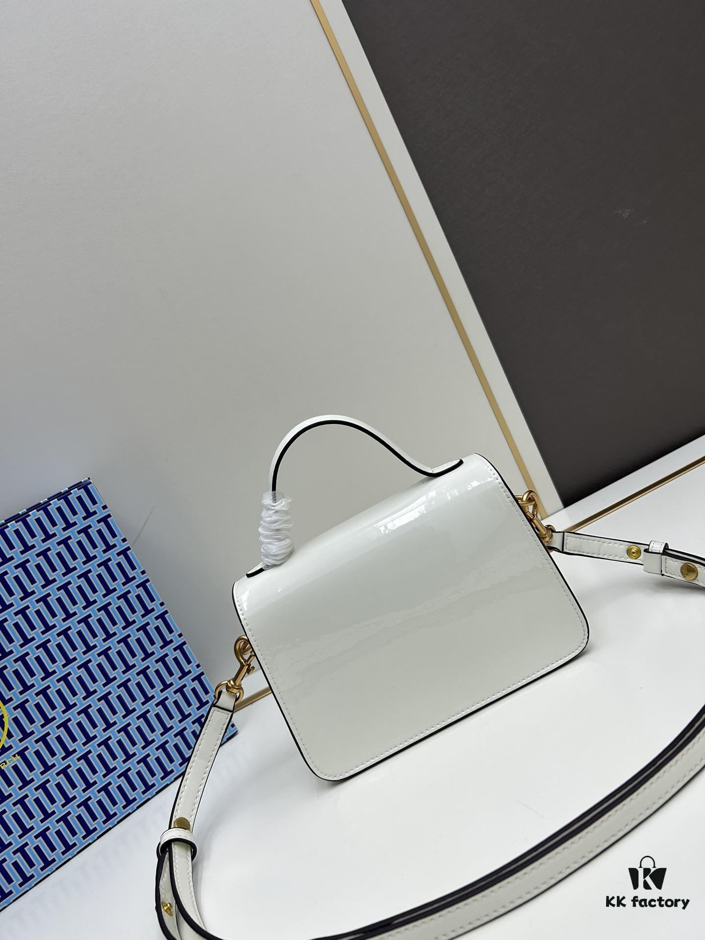 New TORY BURCH Robinson Series Patent Leather Biker Bag – Smooth Shiny Finish, Suede Lining, Brass Hardware, Magnetic Snap Closure, Multi-Wear Handle